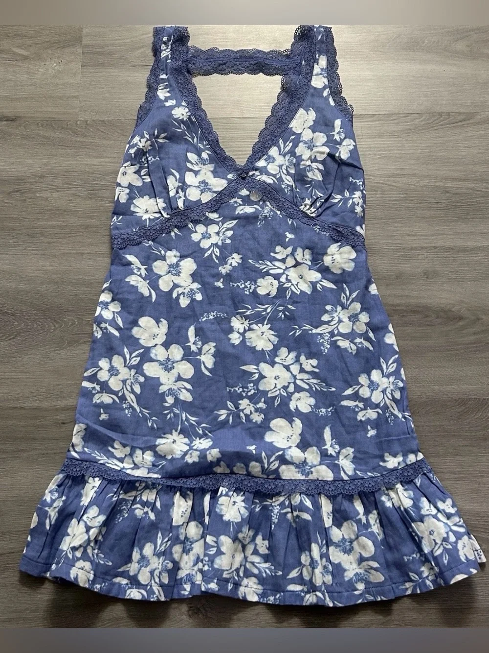 Adore Me Floral Lace Trim Nightgown Chemise Dress Blue White XS Cottagecore